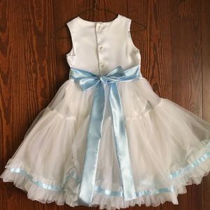Handmade white ruffled dress with baby blue ribbon